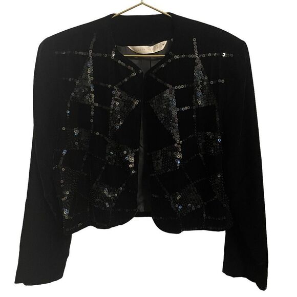 Vintage Brett Harrison Black Velvet Sequin Cropped Jacket Size 6 - Picture 1 of 8